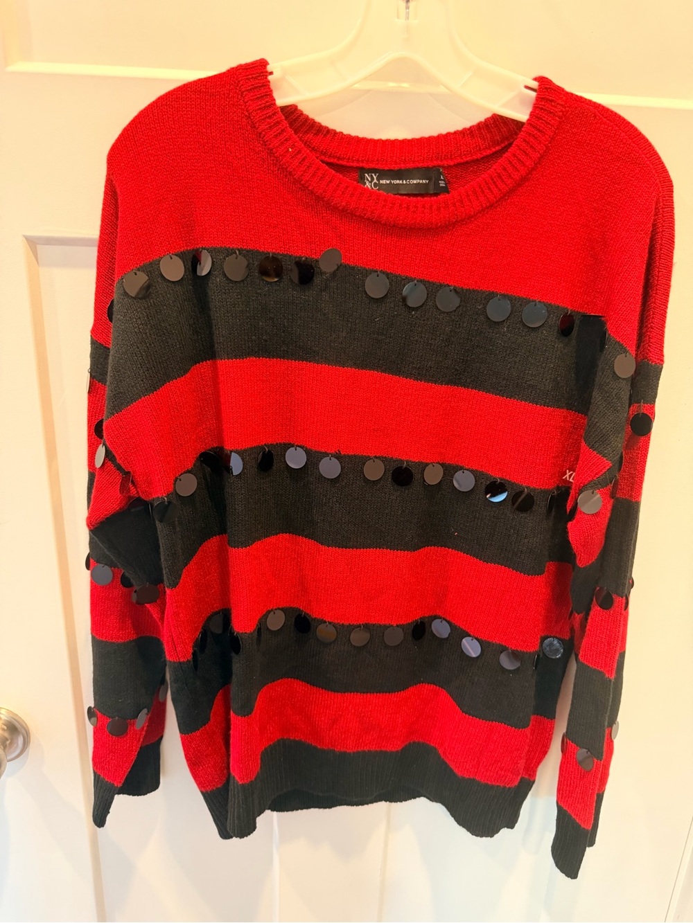 NEW New York & Company XL Red Black Striped Sequin Crewneck Sweater